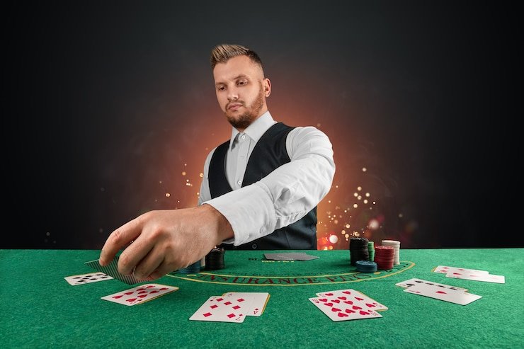 Tampilan studio Monopoly Live dengan papan permainan fisik dan host